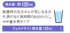 吸水量：約120cc　就寝時の伝えモレが気になる方や､旅行など長時間のお出かけに。⇒中量失禁タイプ