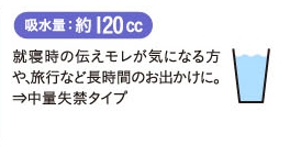 吸水量：約120cc　就寝時の伝えモレが気になる方や､旅行など長時間のお出かけに。⇒中量失禁タイプ