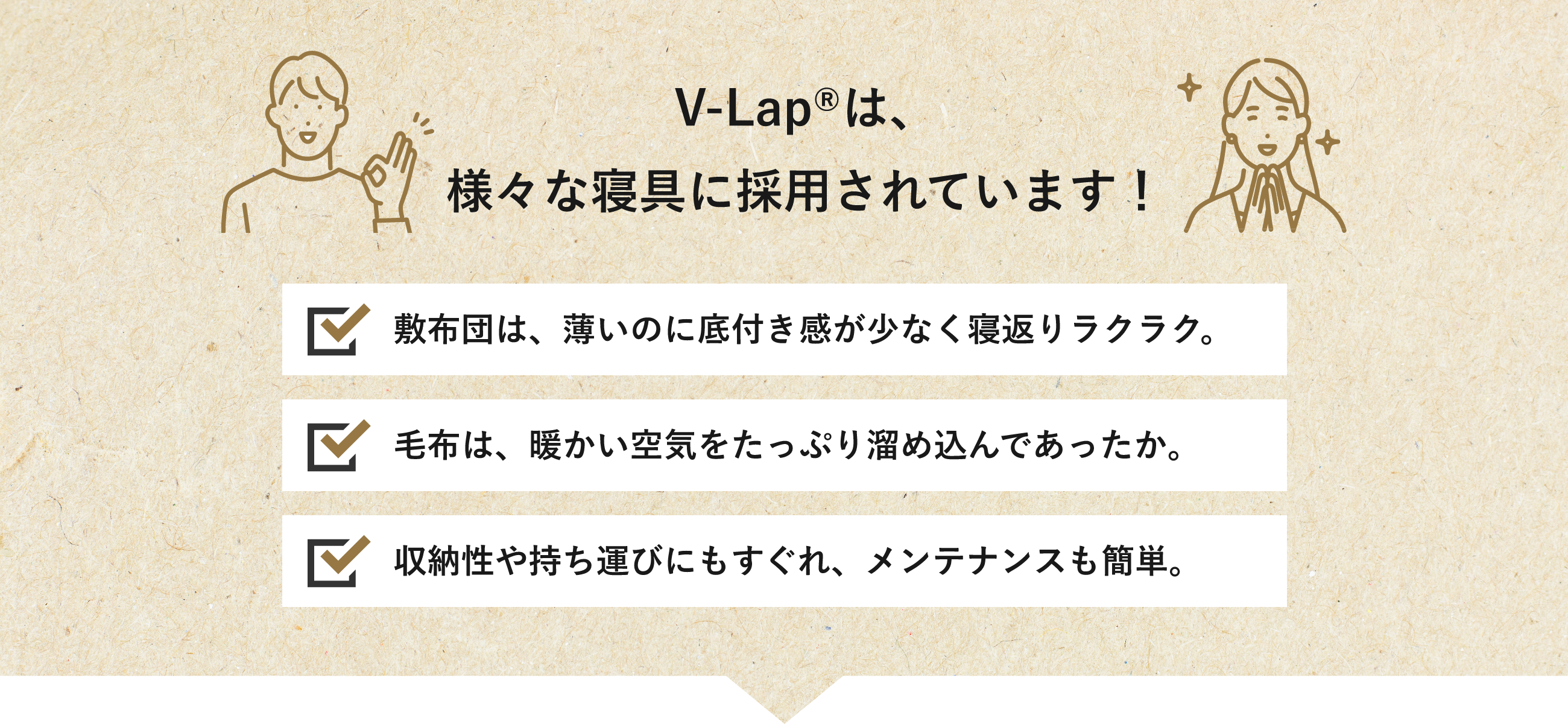 V-Lap®は、様々な寝具に採用されています！敷き布団は、薄いのに底付き感が少なく寝返りラクラク。毛布は、暖かい空気をたっぷり溜め込んであったか。収納性や持ち運びにもすぐれ、メンテナンスも簡単。