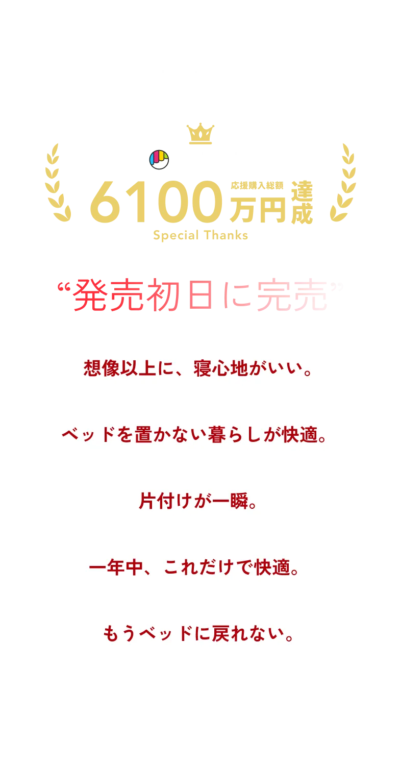 SLEEP OPTIMIZER 3 in 1 BED。Makuakeで応援購入総額6100万円達成。Special Thanks。発売初日に完売。想像以上に寝心地がいい。ベッドを置かない暮らしが快適。片付けが一瞬。一年中これだけで快適。もうベッドに戻れない。そして、睡眠体験は2.0へ。