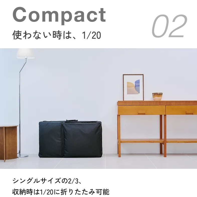 使わない時は、1/20 シングルサイズの2/3、収納時は1/20に折りたたみ可能
