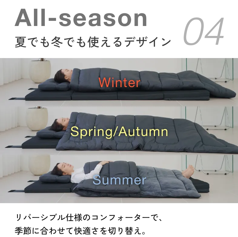 夏でも冬でも使えるデザイン リバーシブル仕様のコンフォーターで、季節に合わせて快適さを切り替え。