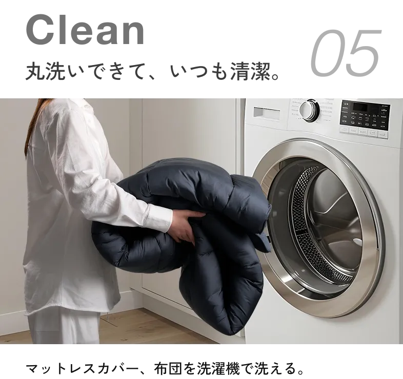 丸洗いできて、いつも清潔。 マットレスカバー、布団を洗濯機で洗える。