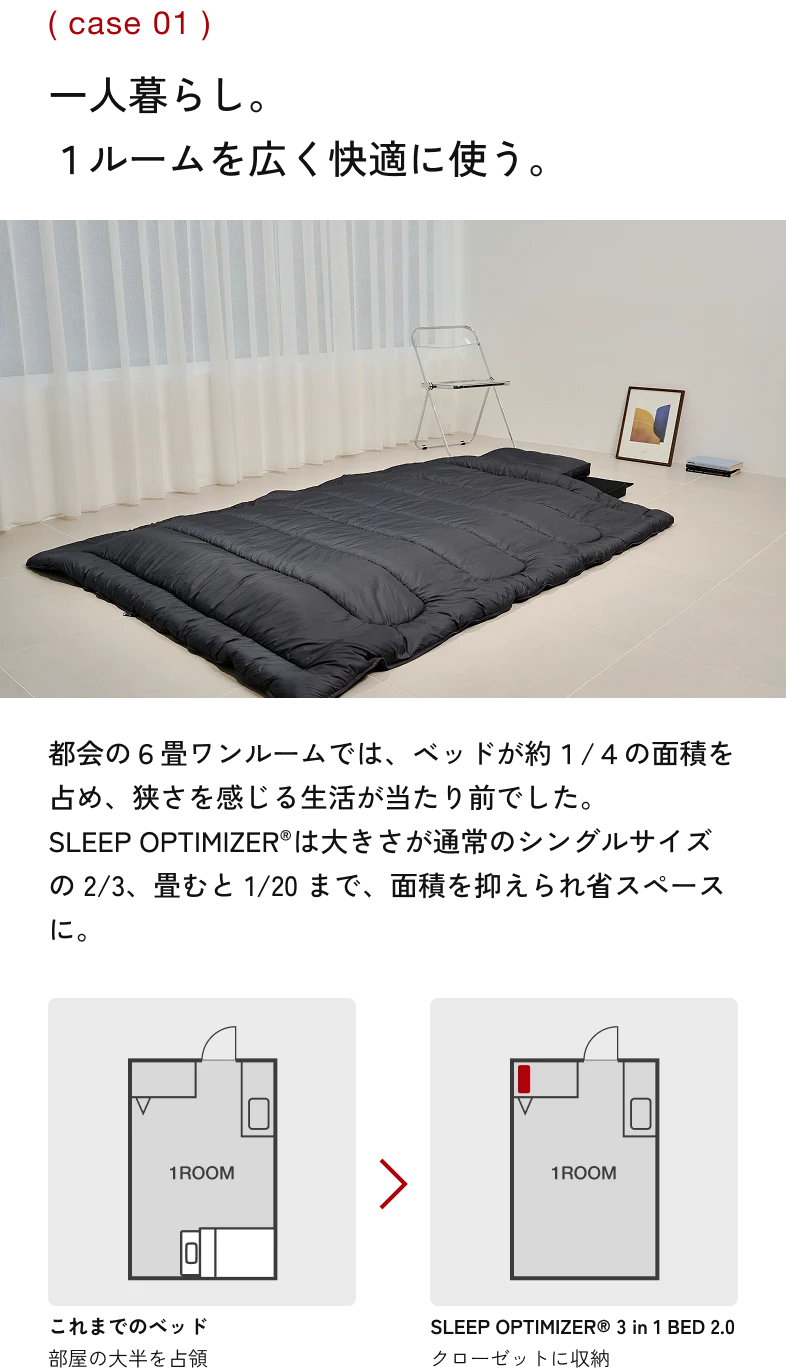 （case 01） 一人暮らし。 1ルームを広く快適に使う。 都会の6畳ワンルームでは、ベッドが約1/4の面積を占め、狭さを感じる生活が当たり前でした。 SLEEP OPTIMIZER®は大きさが通常のシングルサイズの2/3、畳むと1/20まで、面積を抑えられ省スペースに。